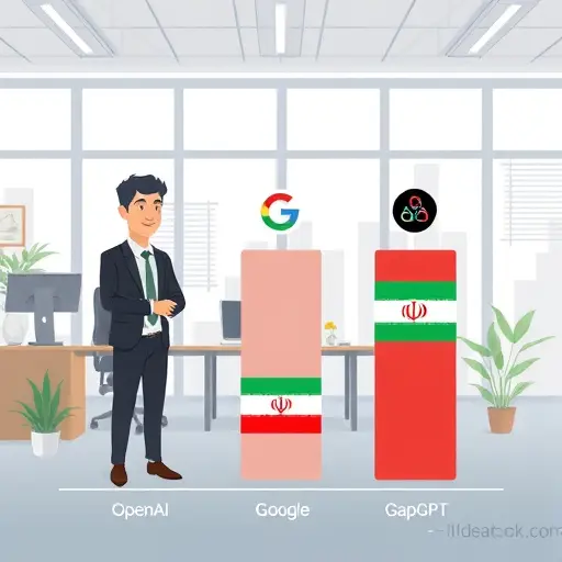 animated API latency comparison chart, three columns for OpenAI, Google, and GapGPT, visual latency lines, Iranian flag motif for GapGPT, cartoon style, text-free