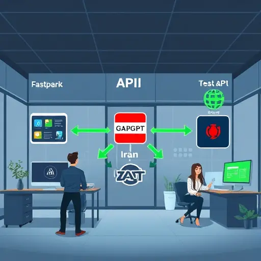modern network architecture diagram, cartoon style illustration showing API traffic flow from Iran to foreign servers (with blocks and delays), and to GapGPT with seamless fast green arrows, Iranian tech visual cues, text-free