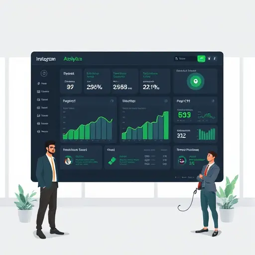 Instagram SEO analytics dashboard illustration showing impressions, saves, profile CTR, and tag performance, clean dark theme, accent green highlights, text-free