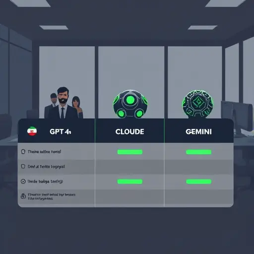 clean comparison table illustration of three AI models (GPT-4o, Claude, Gemini)