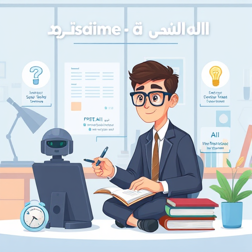 cartoon infographic of a digital AI assistant helping a student with science homework, icons for step-by-