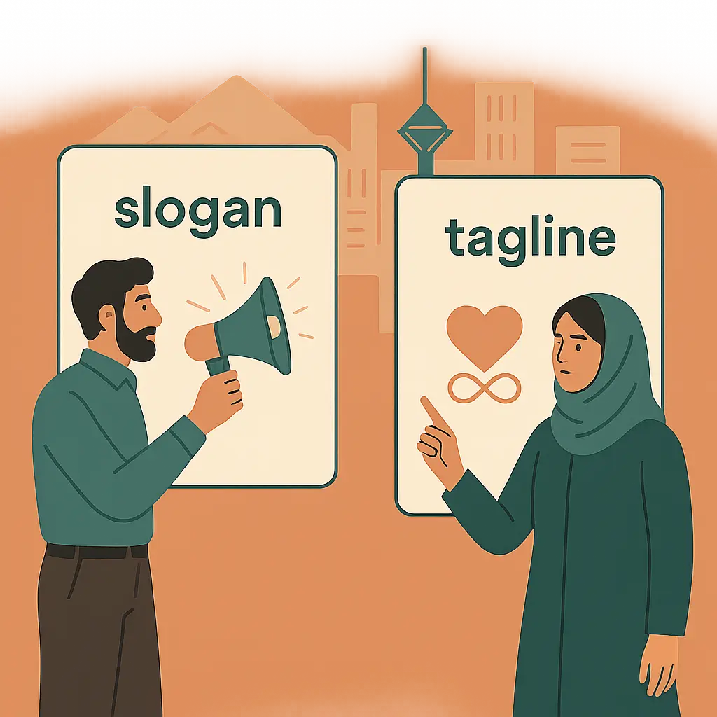 animated illustration of brand slogan vs tagline, two separate cards showing campaign-focused slogan and long-