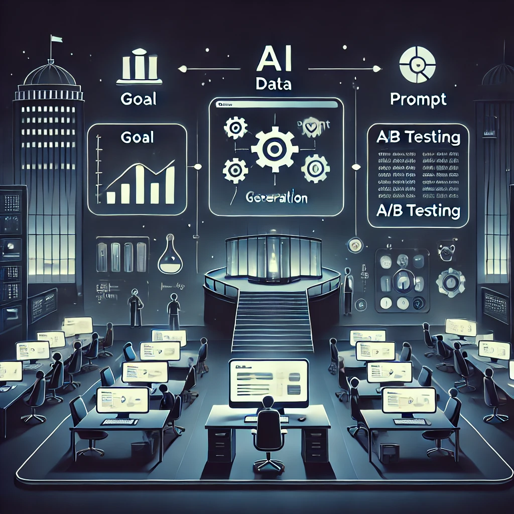 animated workflow of AI-assisted slogan creation, steps shown as icons: goal, data, prompt, generation, A/