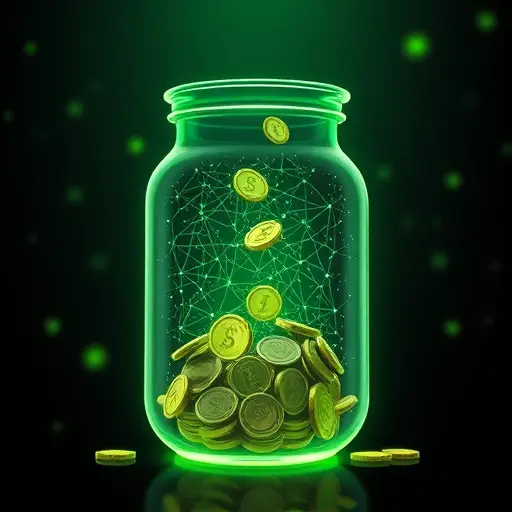 abstract illustration of savings jar with neural network patterns and green glow, coins flowing into jar, dark tech background, cinematic, no text