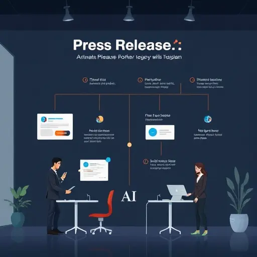 animated illustration of a press release workflow with AI, showing steps like headline, lead, quotes, CTA, and contact info;