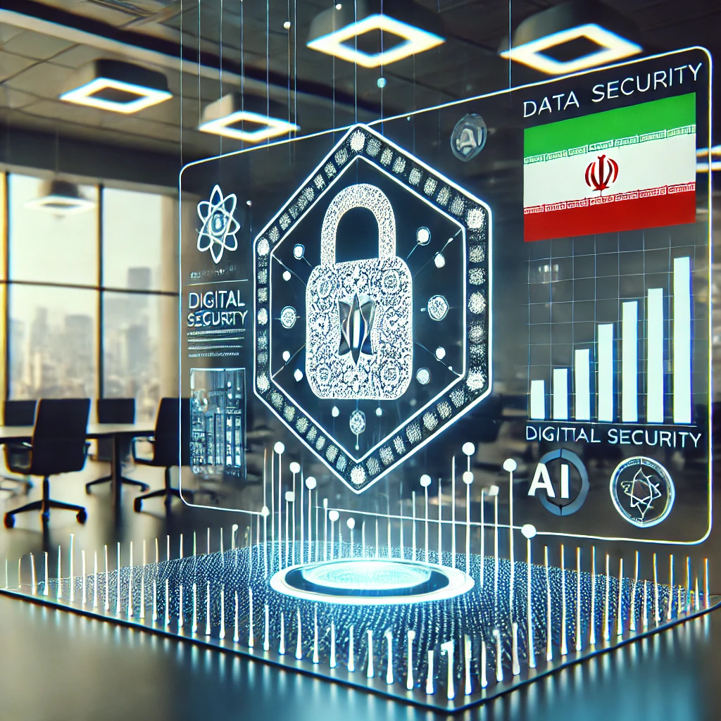 animated lock and Iranian data shield overlaying an AI analytical dashboard, digital security infographic, cartoon style, text-free