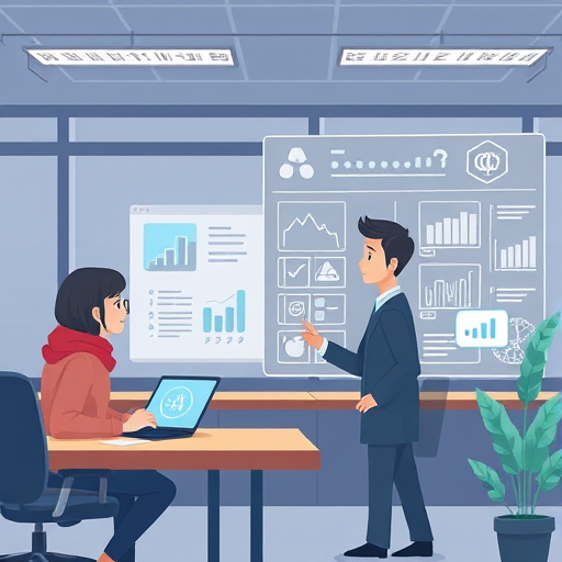 tech-inspired illustration showing a teacher and student avatars interacting with AI-