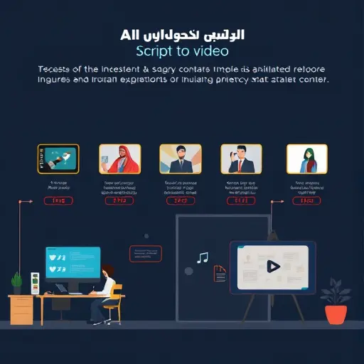 animated infographic illustrating an AI pipeline from script to video: