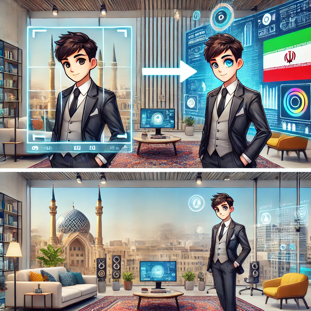 fun animated illustration showing the process of photo transformation into anime style by AI, featuring before and after cartoon images, high-
