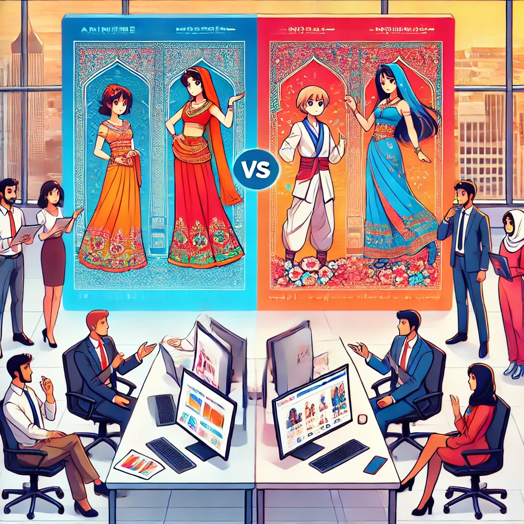 comparison chart illustration: Iranian AI platform vs. global anime conversion tool, anime photo outputs side-by-