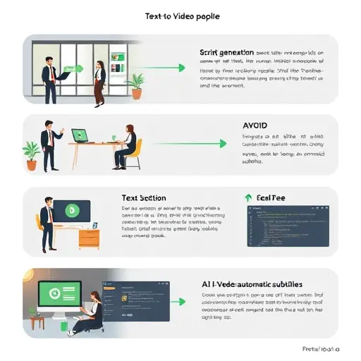 animated step-by-step illustration of a text-to-video pipeline: script generation, asset selection, AI voice-over, automatic subtitles, export;