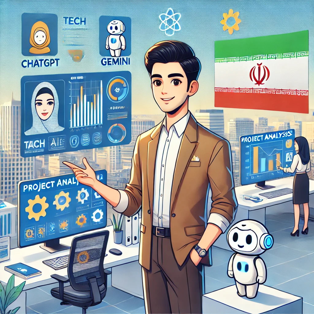 animated illustration of an Iranian university student collaborating with various AI models (ChatGPT, Gemini, Claude)
