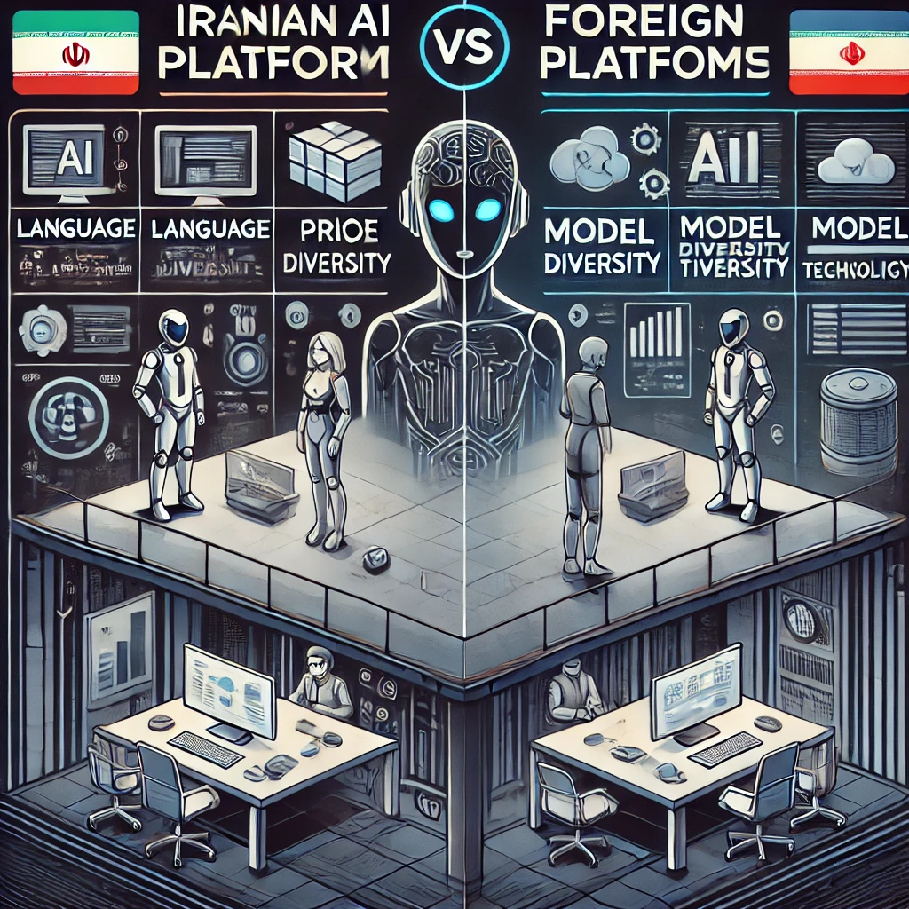 modern cartoon illustration showing a side-by-side comparison chart of an Iranian AI platform vs. foreign platforms, icons for language, price and model diversity, tech symbols, dark background, text-free