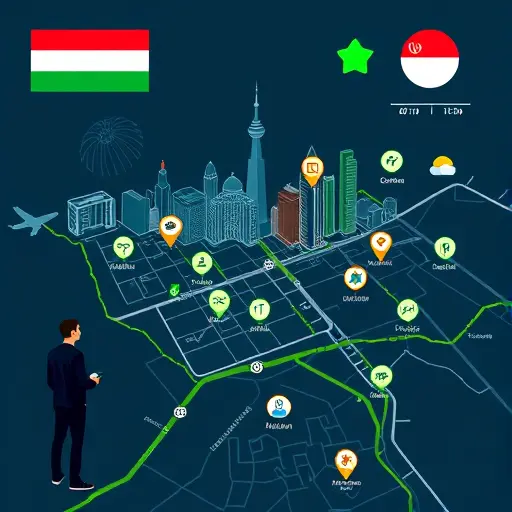 illustrated travel map with optimized route lines, hotel markers, metro icons, and weather badges; clean tech style, dark theme, green accent, no text