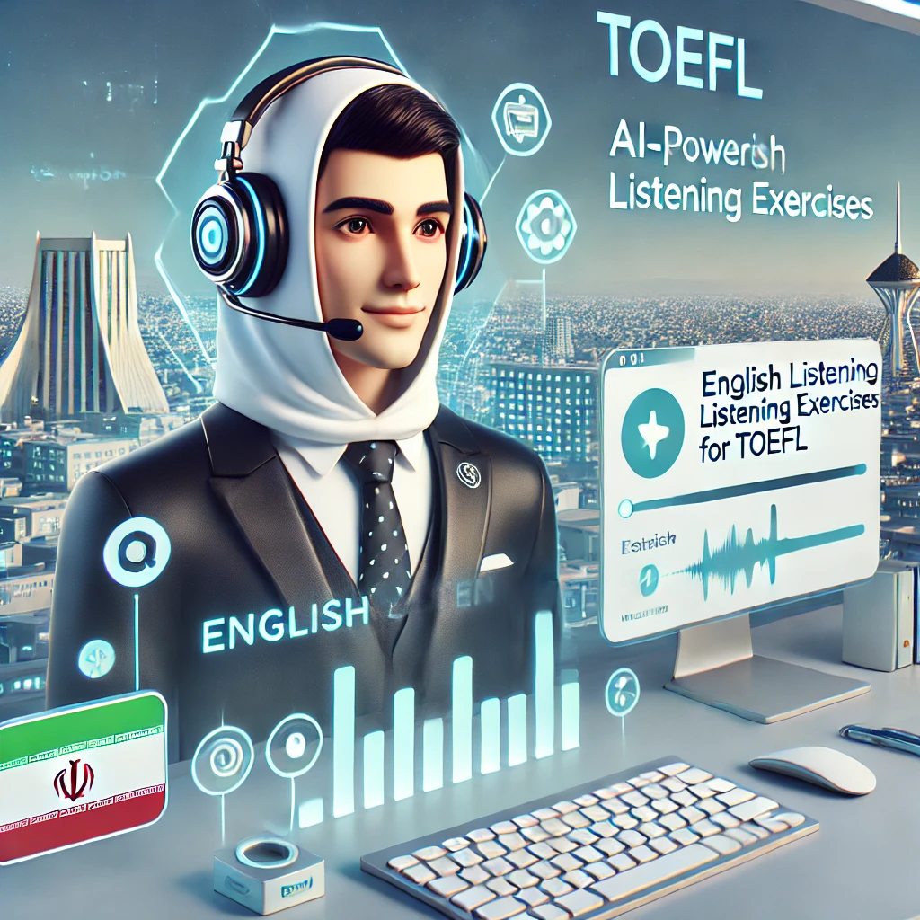 illustration of an AI-powered digital assistant presenting English listening exercises for TOEFL, headphones, audio player interface, cartoon style, tech icons, text-free