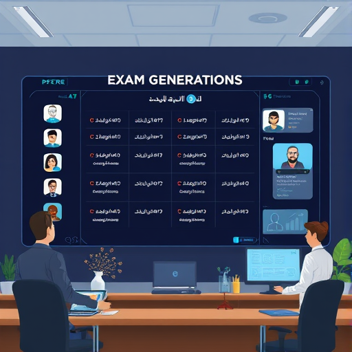 animated digital exam generation panel, AI icons creating multiple-