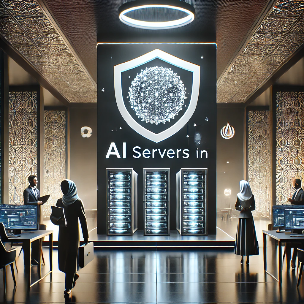 technology illustration showing AI server located in Iran, shield for privacy, animated interface showing quick results, dark theme, no text