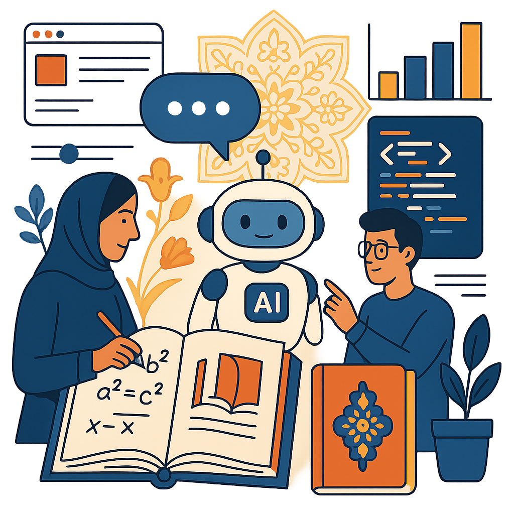 abstract cartoon illustration of various educational subjects (math, programming, literature)