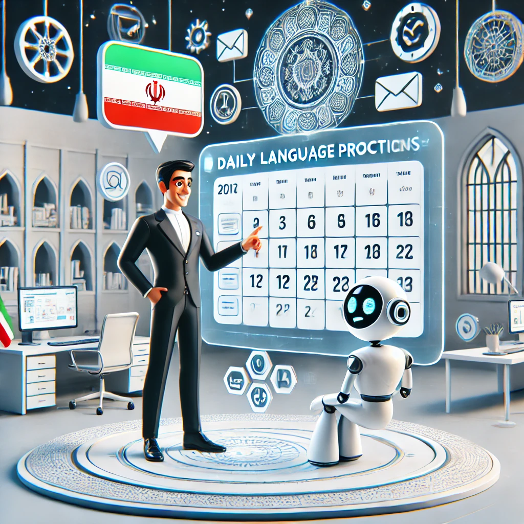 modern animated scene showing a person planning daily language practice sessions with an AI chatbot, calendar and success icons, clean, minimal, no text