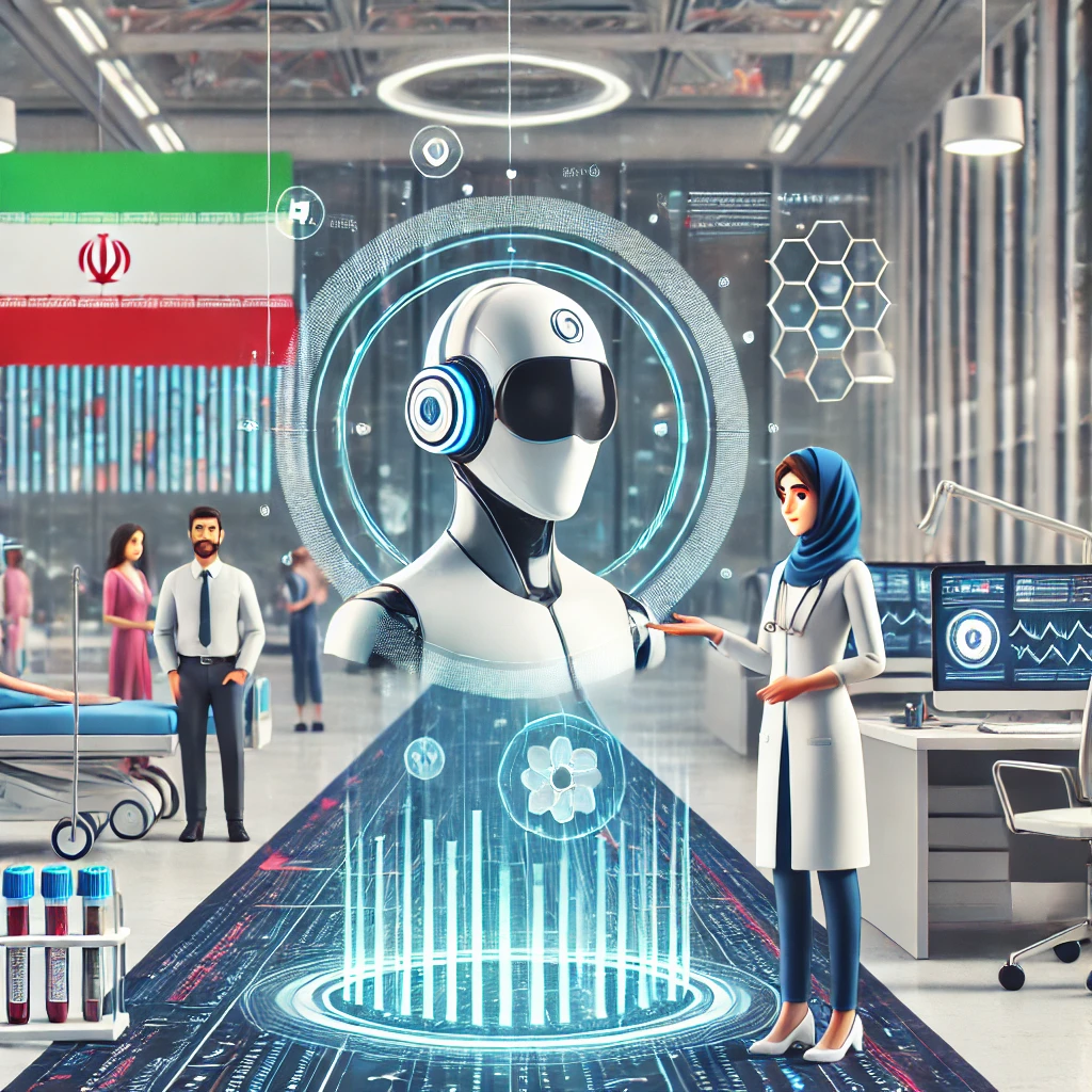 cartoon style illustration of a digital AI assistant giving medical advice based on lab test results, hospital technology background, abstract elements, clean text-free design