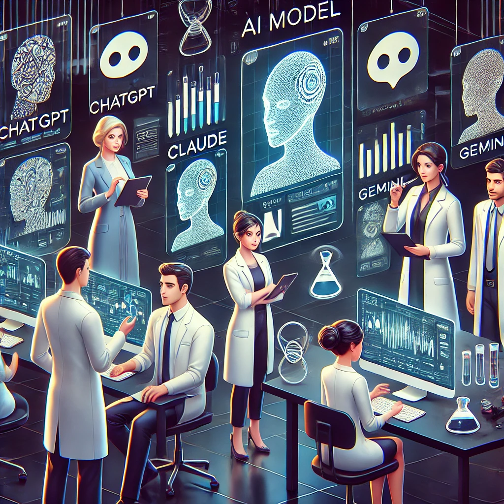symbolic illustration showing various AI model icons (ChatGPT, Claude, Gemini) working together to analyze lab results, animation style, dark theme, no text