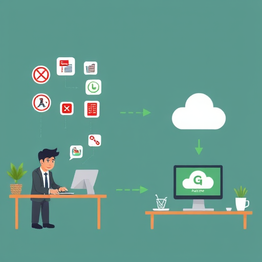 cartoon-style illustration of two flows:(blocked/error signs), and another smooth flow directly from a computer to the GapGPT cloud API, set in an Iranian tech motif, green accent, minimal, text-free