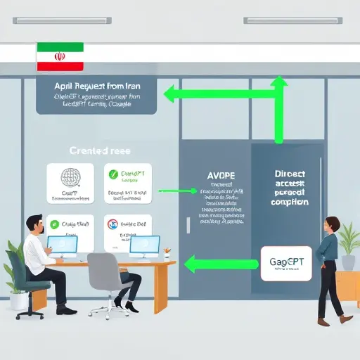 modern API architecture diagram: cartoon style showing blocked request from Iran to global AI APIs (ChatGPT, Gemini, Claude), VPN tunnel with speed/