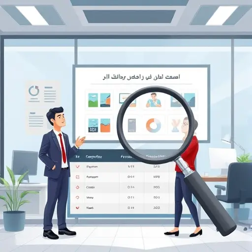 cartoon style illustration of competitive analysis: multiple product cards, comparison table, magnifying glass, clean tech aesthetic, no text