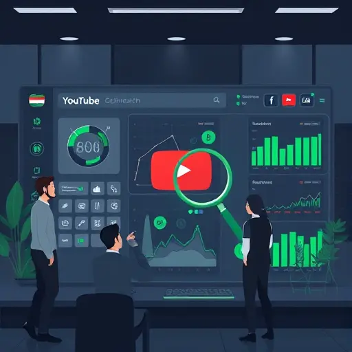 animated illustration of YouTube keyword research dashboard, AI symbols, charts, magnifying glass, dark tech theme with green accents matching #94d3a2