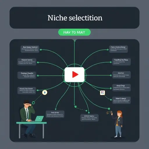 illustrated niche selection map with branching categories, YouTube play icon, AI nodes connecting topics, dark background with green accents, minimalist, text-free