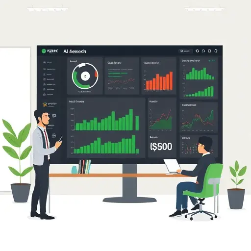 animated illustration of an AI assistant analyzing keyword research data on a dark UI dashboard, showing clusters, search intent tags, and graphs;