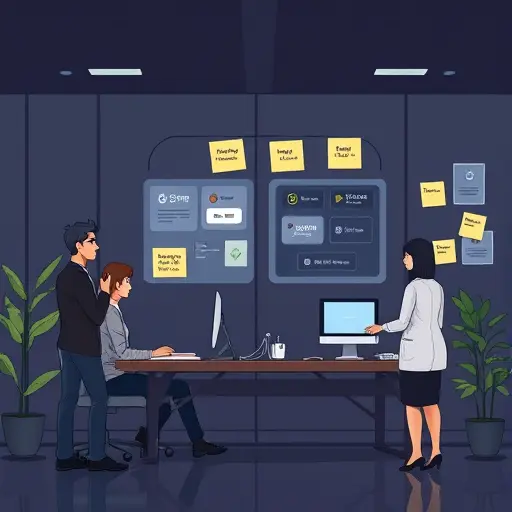cartoon-style illustration of AI-generated prompt templates for lab tests (CBC, lipid panel, HbA1c, liver enzymes), sticky notes and code-