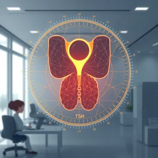 animated thyroid gland icon with AI neural network motifs, hormone balance scales for TSH, FT4, FT3, elegant medical tech illustration, text-free
