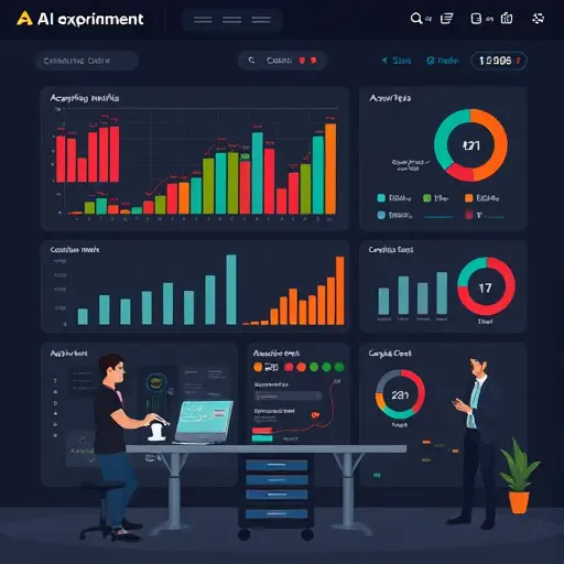 dark themed illustration of an AI experiment analysis dashboard, showing abstract charts for accuracy, recall, F1-
