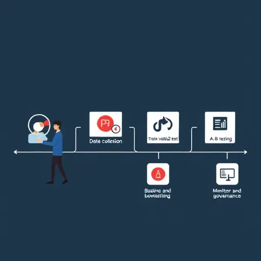 animated pipeline of AI experimentation: data collection icon -> train/validate/test split -> baseline and benchmarking -> A/B testing ->