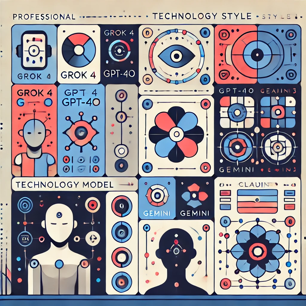 abstract illustration showing multiple AI model icons (Grok 4, GPT-4o, Gemini, Claude 3)
