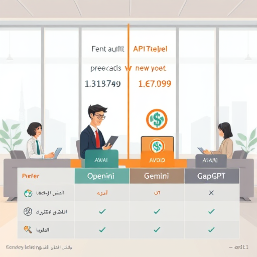 animated infographic comparing AI API pricing models, illustrated dollar sign icons vs Iranian toman symbols, cartoon style table featuring OpenAI, Gemini, Claude and GapGPT, text-free