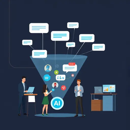 sales pipeline funnel with AI nodes analyzing chat bubbles, cartoon-