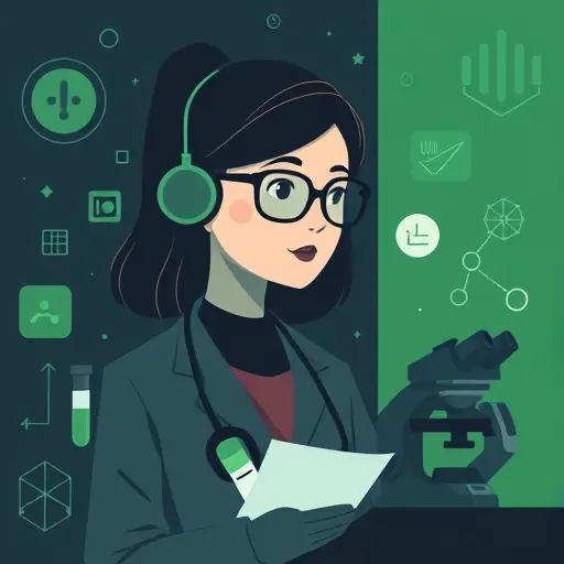 (test tubes, microscope, report), dark theme, green accent, clean and text-free