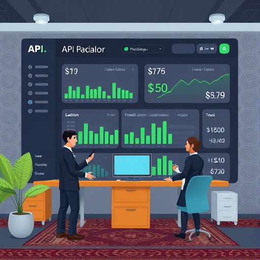 cartoon illustration of an API pricing calculator dashboard, with token counters, cost sliders, and per-