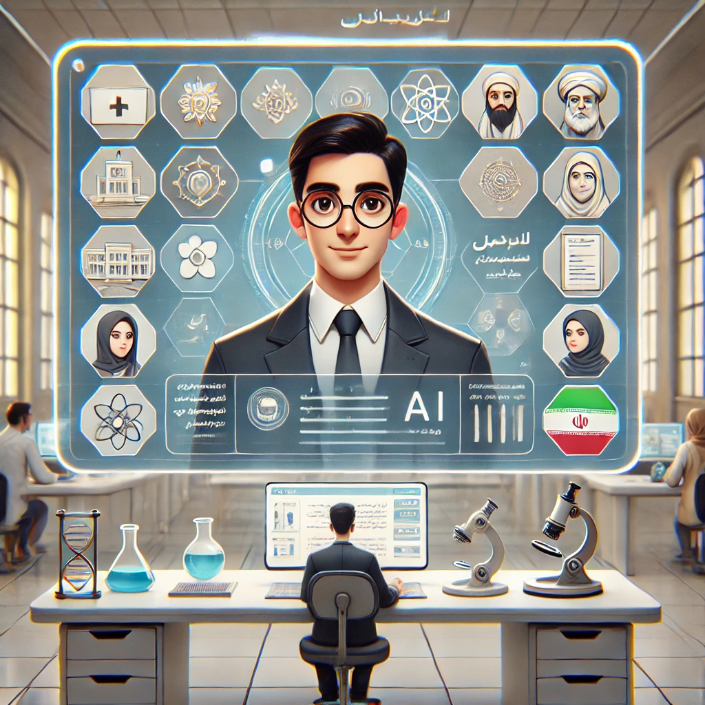 cartoon-style dashboard of AI platform, displaying subject icons (medicine, law, engineering, art)