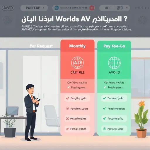 cartoon style infographic comparing global API pricing models (per-request, monthly, pay-as-you-go)