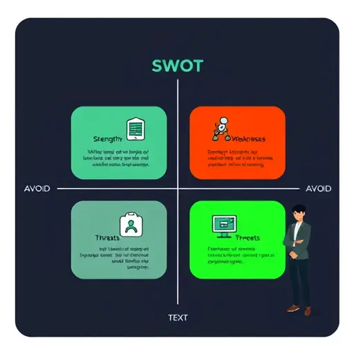 clean illustration of a SWOT matrix, four divided quadrants with tech-themed icons representing strengths, weaknesses, opportunities, threats, dark background, green accent matching #94d3a2, minimalist, text-free