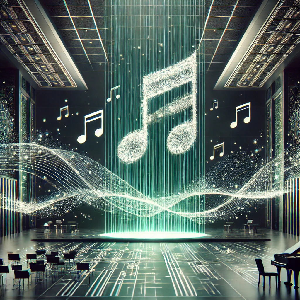abstract AI interface composing lyrics, neural network lines flowing into musical notes, cinematic illustration, dark background with green accents, text-free
