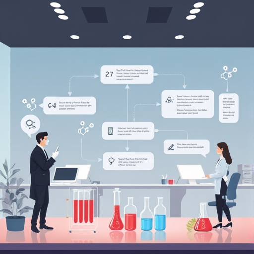 infographic illustration: AI chatbot decomposing a complex chemistry process into simple visual steps, molecule diagrams and process arrows, no text