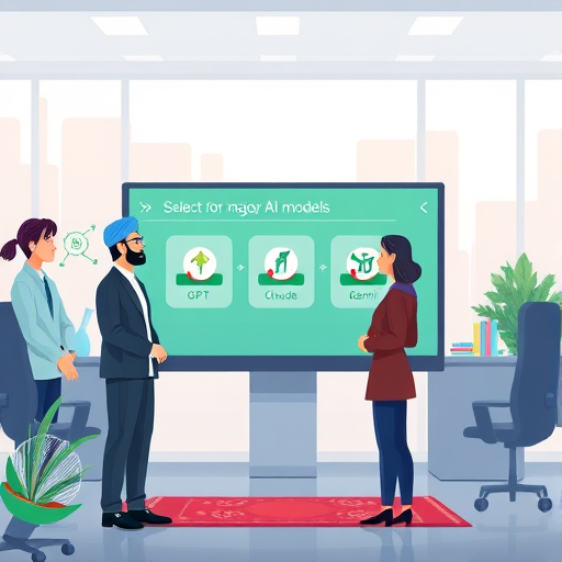 colorful animated interface showing selection between major AI models (GPT-4o, Claude, Gemini)