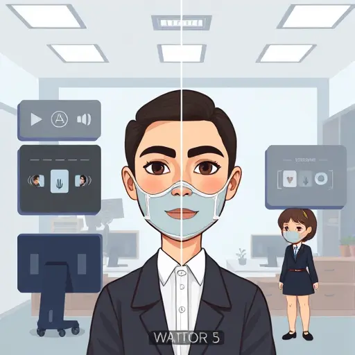 cartoon-style AI interface showing face restoration controls, mask preview, before-after split with subtle natural improvement, dark UI, no text