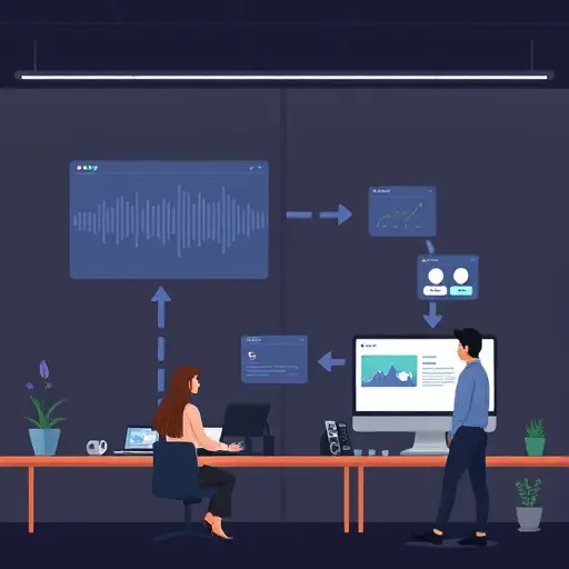 animated illustration of a podcast-to-blog workflow: