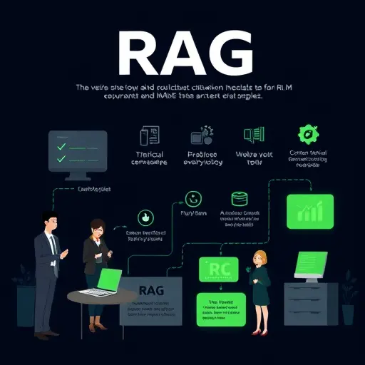 illustration of RAG workflow and citation checks for LLM outputs, animated design, dark theme with green highlights, checklists and data sources icons, text-free
