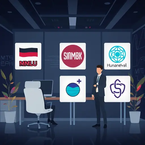 badge-style icons for MMLU, GSM8K, HumanEval, plus MT-Bench, sleek animated illustration, dark tech background, no text